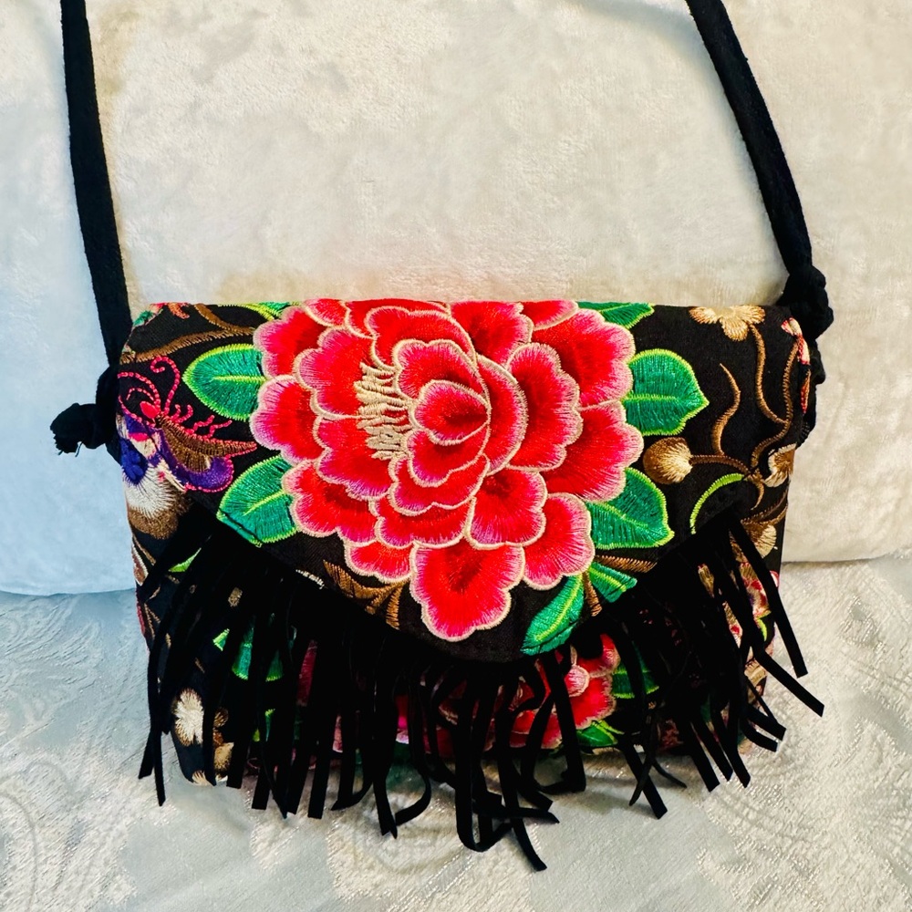 Embroidered Floral Crossbody Bag with Fringe - Black/Red - Picture 3 of 6